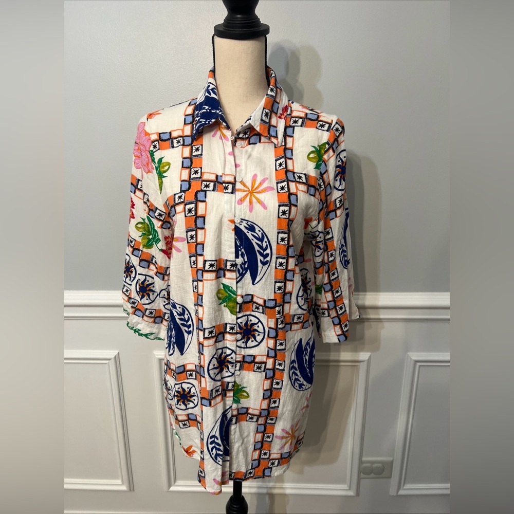 Label Of Love Women’s Novelty Print Linen Vacation 1/2 Sleeve Shirt Size Small